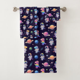 Colorful Dinosaurs Outer Space Planets Rainbow Bath Towel Set