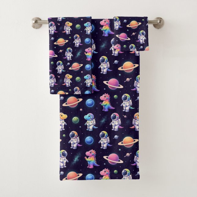Colorful Dinosaurs Outer Space Planets Rainbow  Bath Towel Set (Insitu)