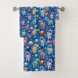 Colorful Dinosaurs Outer Space Planets Rainbow Bath Towel Set