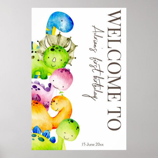 Colorful dinosaurs party personalized welcome sign (Front)