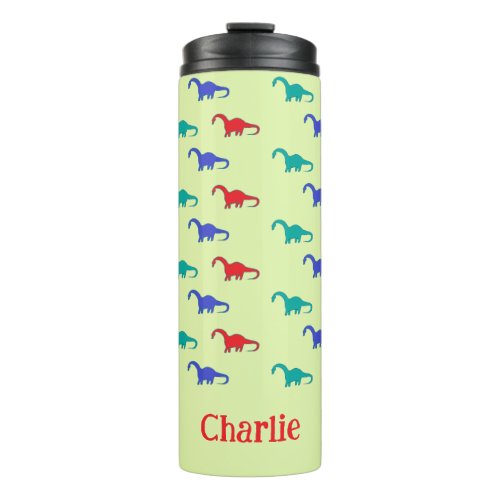 Colorful dinosaurs pattern on green thermal tumbler