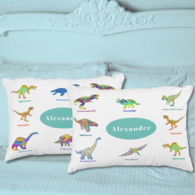Colorful Dinosaurs Personalized Name and Photo Pillow Case (Dinosaurs with names personalized pillow case colorful dino pattern educational fun spelling )
