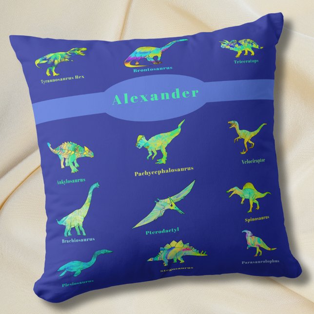 Colorful Dinosaurs Personalized Name  Throw Pillow (Dinosaurs personalized kids name blue and green pillow Colorful dinos with names boys bedroom decor)
