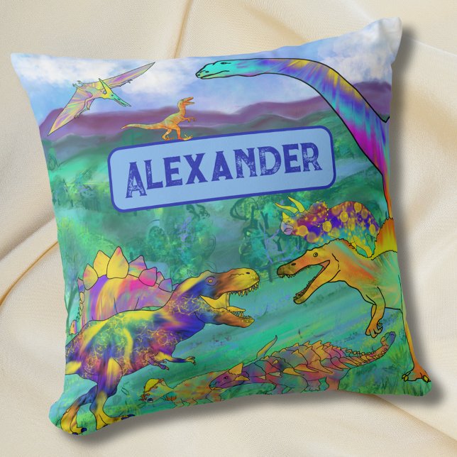 Colorful Dinosaurs Personalized Name Throw Pillow (Colorful dinosaurs kids personalized name bedroom decor pillow Cute dino custom gift)