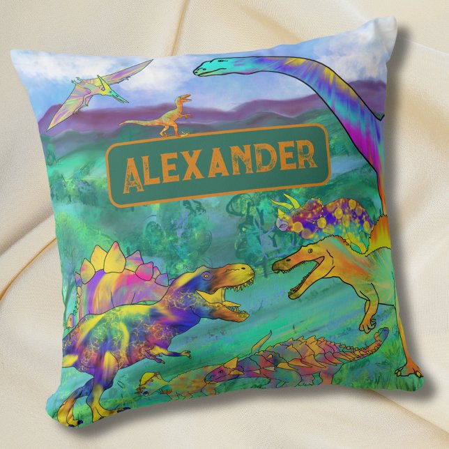 Colorful Dinosaurs Personalized Name Throw Pillow (Colorful dinosaur kids personalized name bedroom watercolor Jurassic era dino home decor )