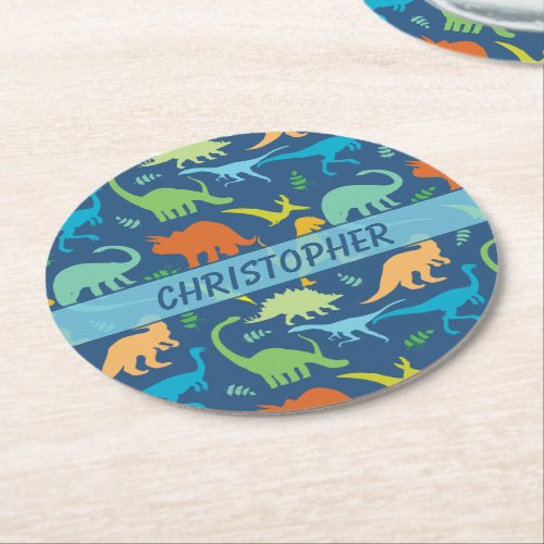 Colorful Dinosaurs Personalized Round Paper Coaster