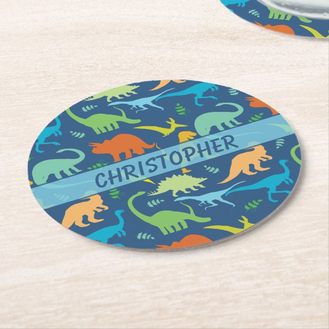 Colorful Dinosaurs Personalized Round Paper Coaster (Angled)