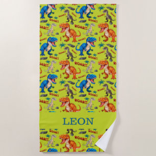 Colorful Dinosaurs Roaring Pattern Custom Name Beach Towel