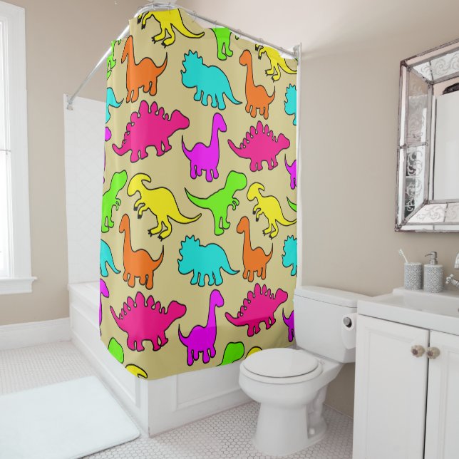 Colorful Dinosaurs Shower Curtain (In Situ)