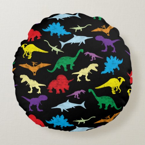 Colorful Dinosaurs Watercolor Kids Pattern Round Pillow