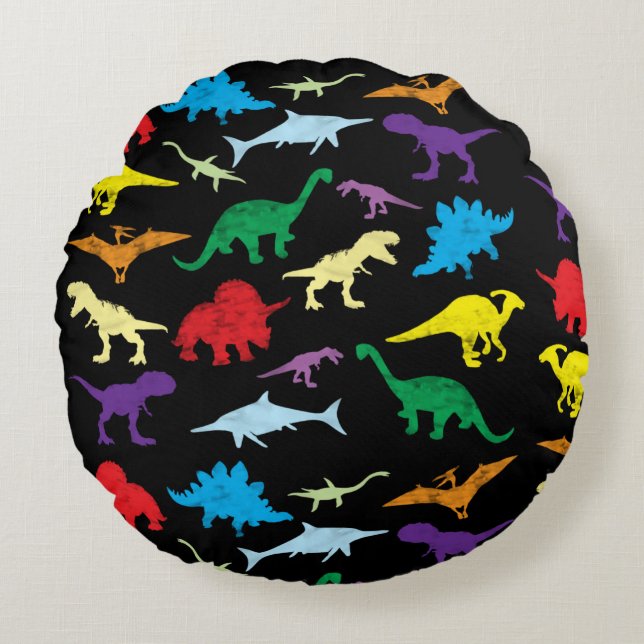 Colorful Dinosaurs Watercolor Kids Pattern Round Pillow (Front)