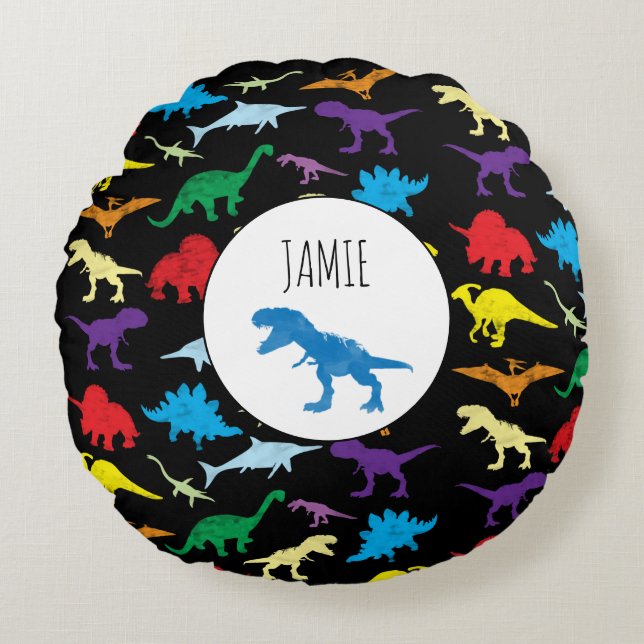 Colorful Dinosaurs Watercolor Kids Pattern Round Pillow (Front)