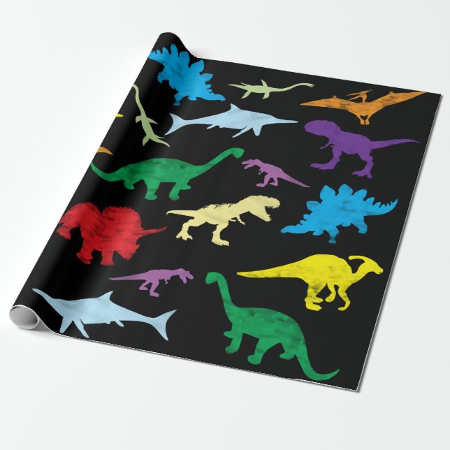 Colorful Dinosaurs Watercolor Kids Pattern  Wrapping Paper (Unrolled)
