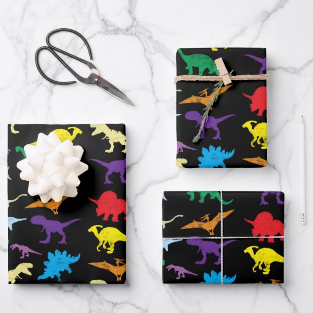 Colorful Dinosaurs Watercolor Kids Pattern Wrapping Paper Sheets (Front)