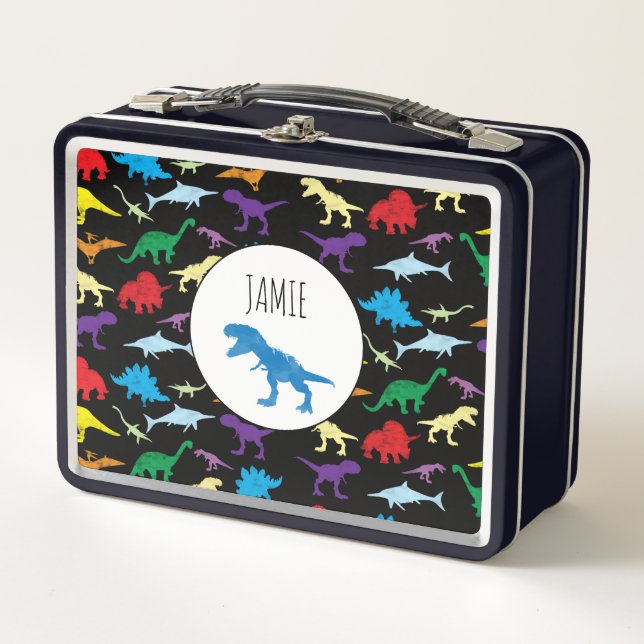 Colorful Dinosaurs Watercolor Kids School Metal Lunch Box (Front)