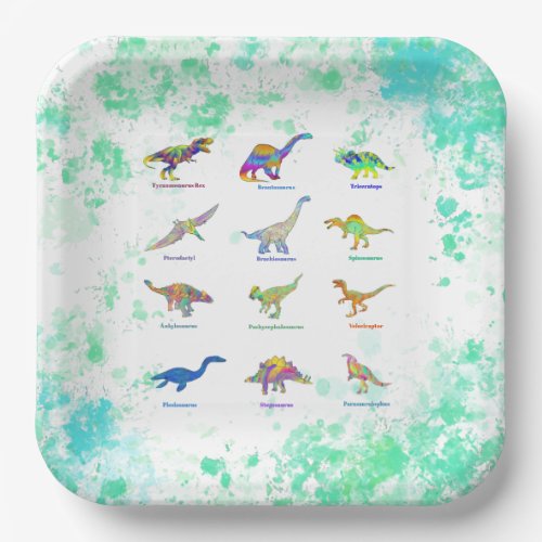 Colorful Dinosaurs Watercolor Paper Plates