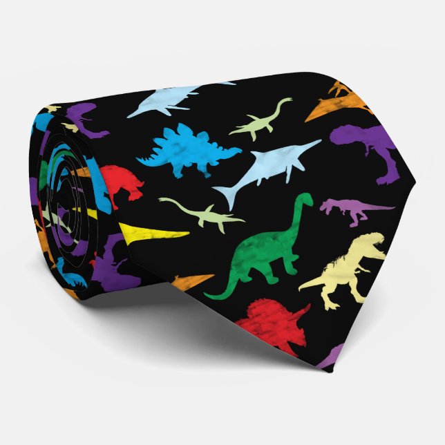 Colorful Dinosaurs Watercolor Pattern Neck Tie (Rolled)