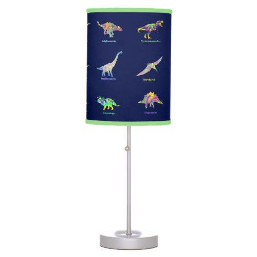 Colorful Dinosaurs with names Blue Green Table Lamp