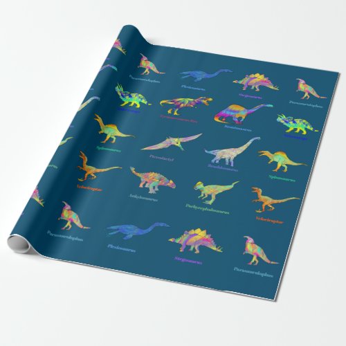 Colorful Dinosaurs With Names Blue Wrapping Paper