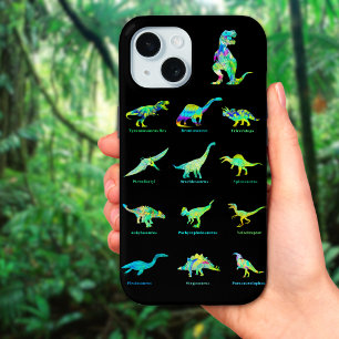 Colorful Dinosaurs with Names on Black iPhone 15 Case
