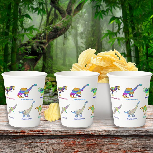 Colorful Dinosaurs with Names Paper Cups (Colorful dinosaurs with names dino birthday party paper cups T-Rex velociraptor brontosaurus )