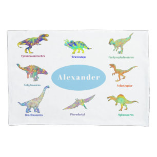 Colorful Dinosaurs with names Pattern Blue Pillow Case