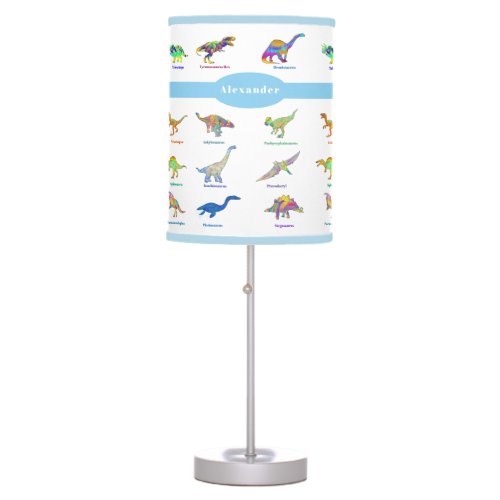 Colorful Dinosaurs with names Pattern Blue Table Lamp
