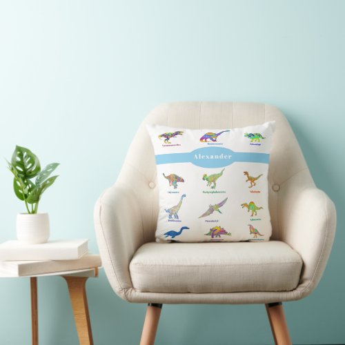 Colorful Dinosaurs with names Pattern Blue Throw Pillow