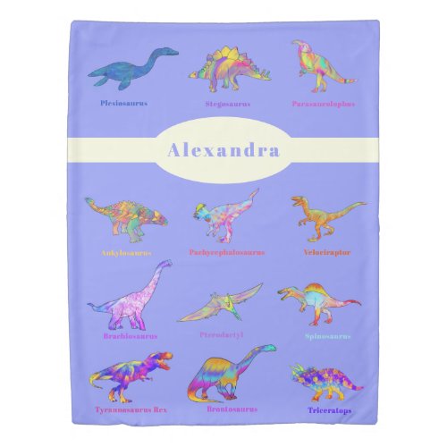 Colorful Dinosaurs with names Pattern Personalized Duvet Cover