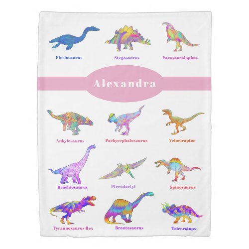 Colorful Dinosaurs with names Pattern pink Duvet Cover