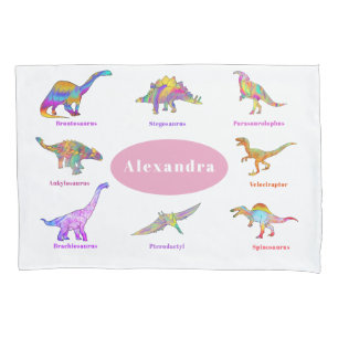 Colorful Dinosaurs with names Pattern pink Pillow Case