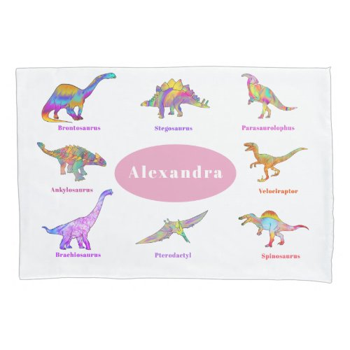 Colorful Dinosaurs with names Pattern pink  Pillow Case