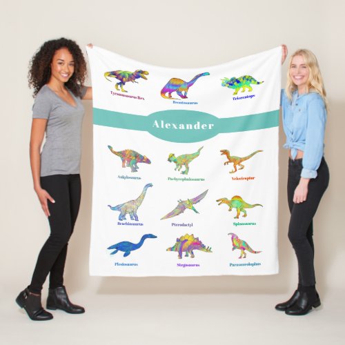 Colorful Dinosaurs with names Pattern Teal Fleece Blanket