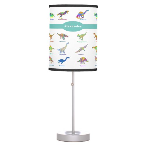 Colorful Dinosaurs with names Pattern Teal Table Lamp