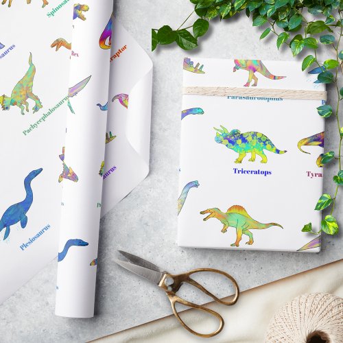Colorful Dinosaurs with names Pattern Wrapping Paper