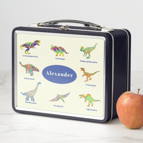 Colorful Dinosaurs with Names Personalized  Metal Lunch Box