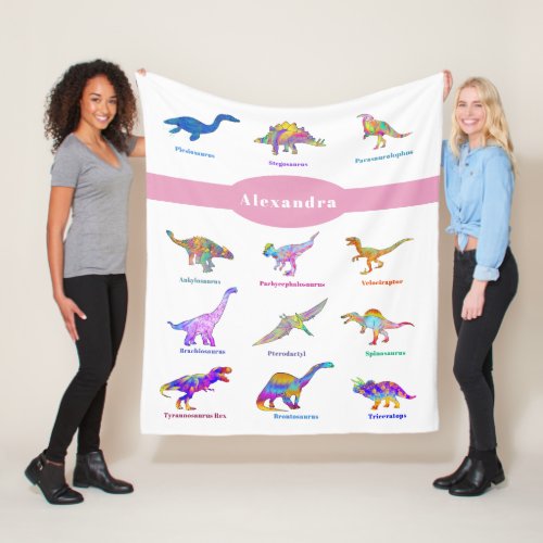Colorful Dinosaurs with names Personalized Pink Fleece Blanket