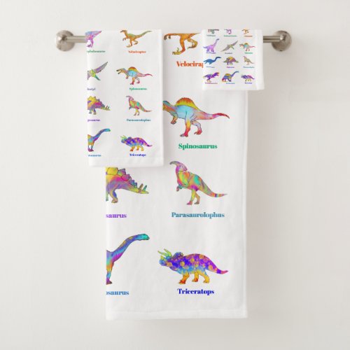 Colorful Dinosaurs with names pink Bath Towel Set