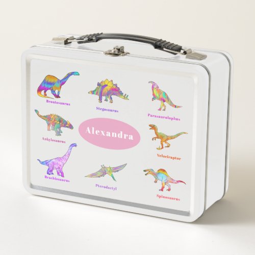 Colorful Dinosaurs with Names Pink  Metal Lunch Box