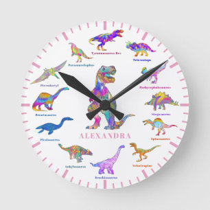 Colorful Dinosaurs with Names Round Clock
