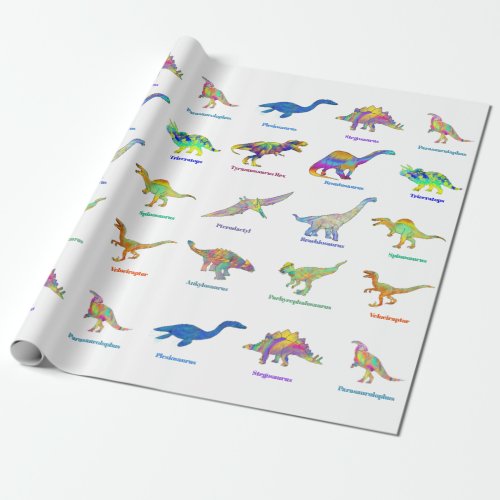 Colorful Dinosaurs with names Wrapping Paper
