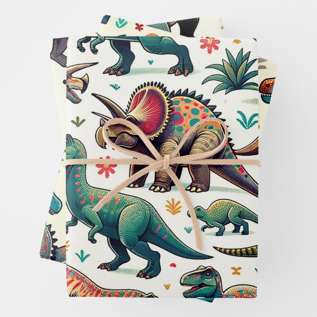 Colorful Dinosaurs Wrapping Paper Sheets (In situ)