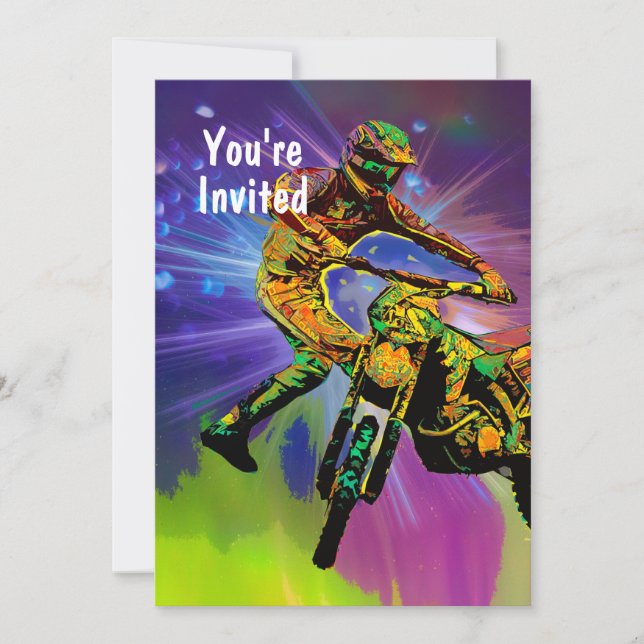 Colorful Dirt Bike Rider in Cosmic Space Invitation (Front)