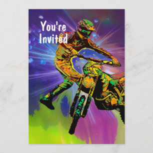 Colorful Dirt Bike Rider in Cosmic Space Invitation