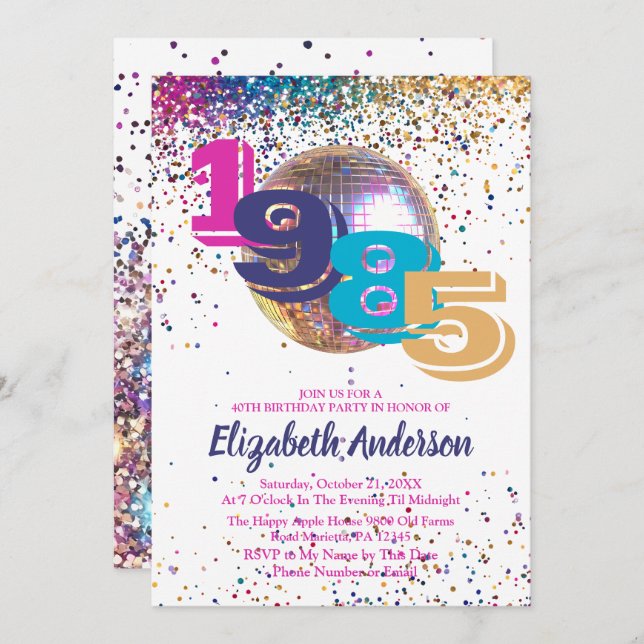 Colorful Disco 1985 40th Birthday Party Customizab Invitation (Front/Back)