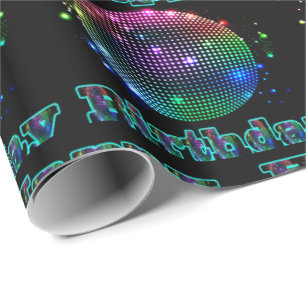 Colorful Disco Ball Happy Birthday On Black Wrapping Paper