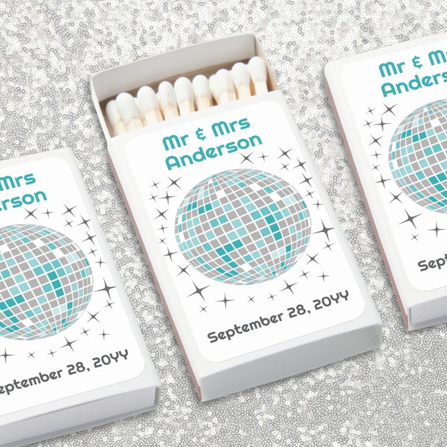 Colorful Disco Ball Personalized Wedding Matchbox Matchboxes (Fun personalized disco ball wedding matches make a great favor for your guests)