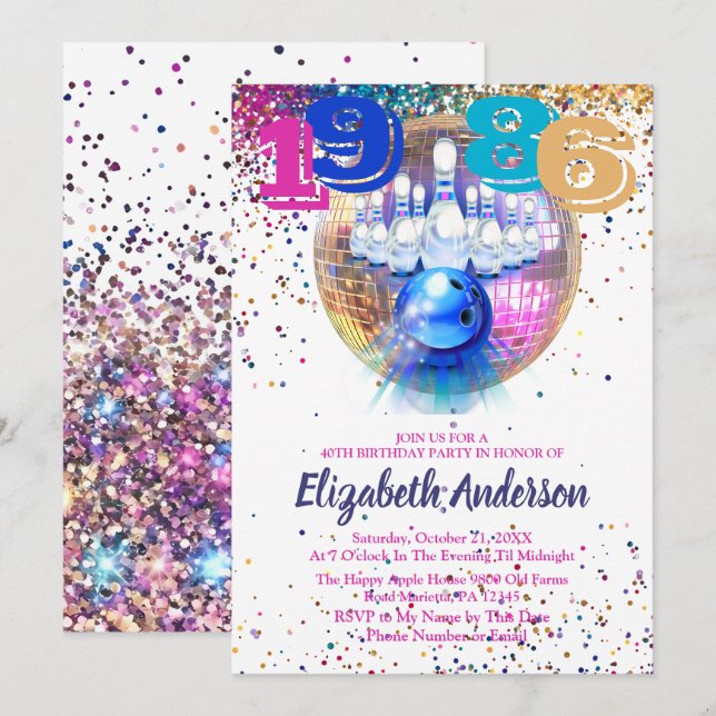 Colorful Disco Bowling 1986 40th Birthday Party Invitation (Front/Back)
