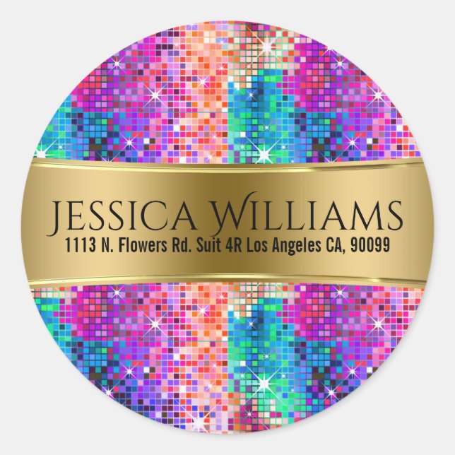 Colorful Disco Glitter & Gold Template Classic Round Sticker (Front)