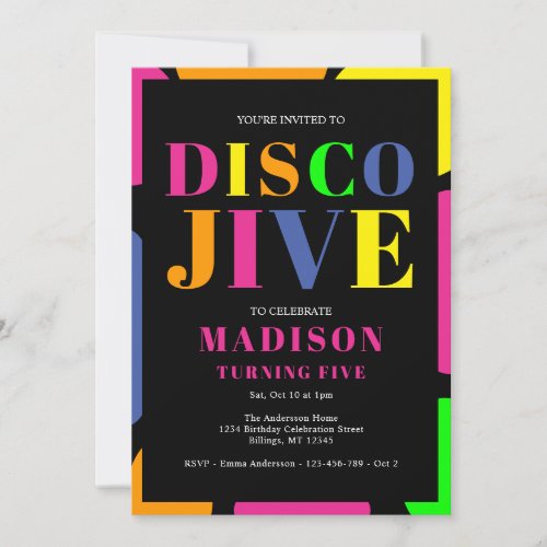 Colorful Disco Jive Turning Five Birthday Party Invitation